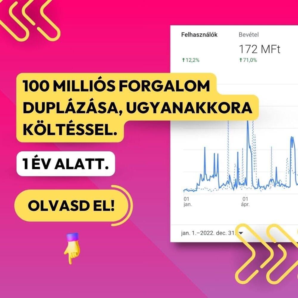 Esettanulmány borítókép: Google Analytics felhasználó- és bevétel-grafikon, „100 milliós forgalom duplázása, ugyanakkora költéssel” felirattal.